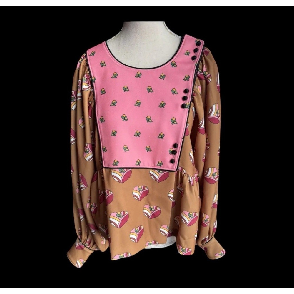 Manoush Paris Blouse Size 36 Small | Retro Print Puff Sleeve Top Pink Brown